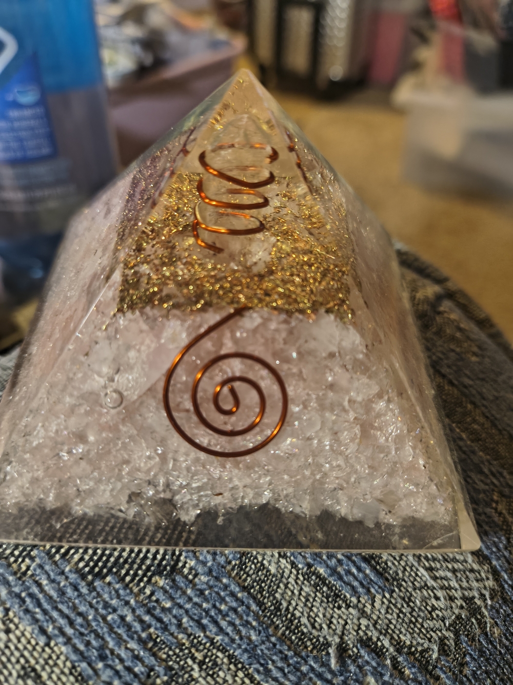 Crystal Orgone Pyramid with Copper Spiral and Rose Quartz Flakes